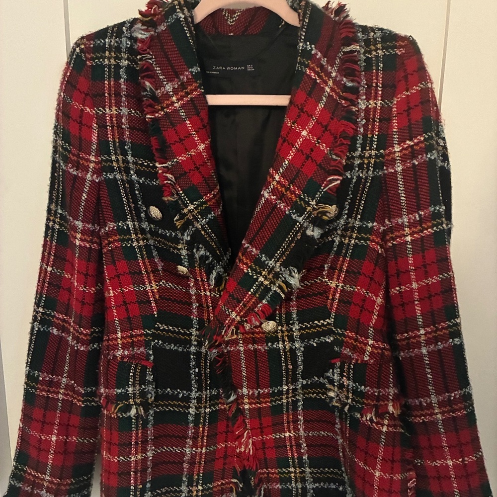 S Zara Woman's Red Plaid Wool Double Breasted Tweed Blazer